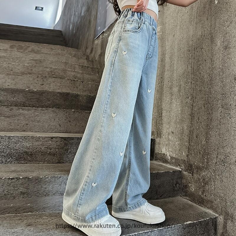 키즈 데님 팬츠 청바지 Jeans 댄스 의상 롱 팬츠 아동복 주니어 소녀 데님 스트레이트 와이드 팬츠 지판 초등학생 중학생 봄복 가을 옷 한국 옷 120cm 130cm 140cm 150cm 160cm 170cm