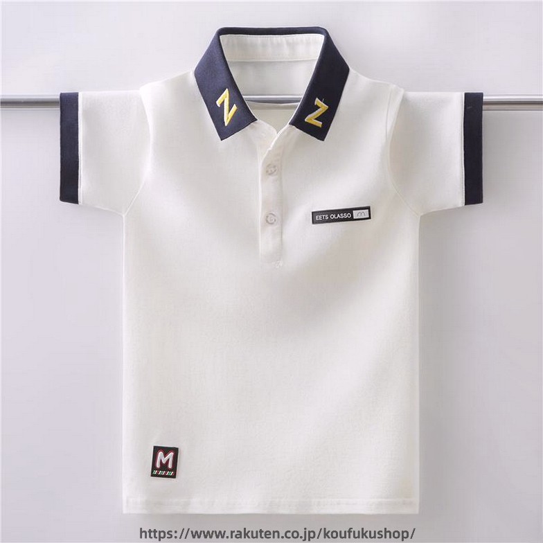 Polo Shirt - キッズ 男の子 ポロシャツ 半袖 襟付き コットン トップス 春夏 ファッション カジュアル 子供服 ホワイト ブルー