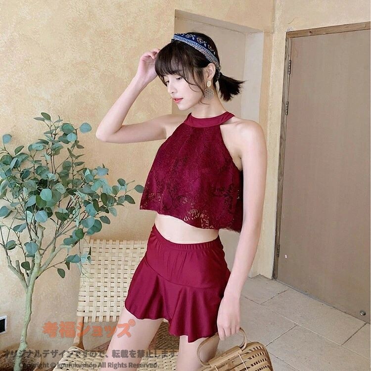 考福ショップの水着 レディース タンキニ 2点セット セパレート スカートタンキニ レース刺繍 ハイネック 胸元ふわふわ フリルスカート 胸パッド付き 小胸 5色 おしゃれ 体型カバー ママ水着 可愛い 韓｜アングル3