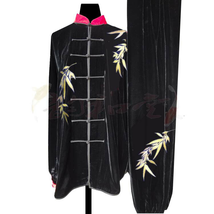 寒い冬に1着は欲しい!生地は厚めで暖かさ抜群!太極拳服 武術服 刺繍太極拳服 太極拳服 武術服 刺繍太極拳服 秋冬黒色金糸絹刺繍富貴竹太極拳服