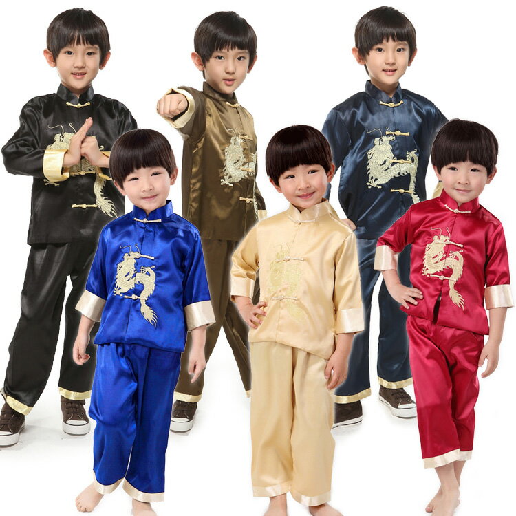 男の子春秋チャイナ服 キッズ中国服 児童古装漢服 刺繍祥龍唐装 子供用龍刺繍中国服(長袖・七分袖・上下セット)