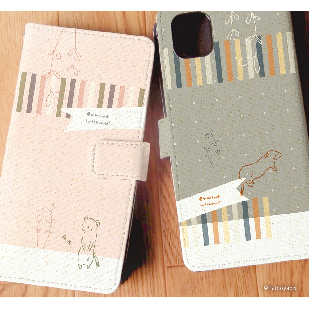 スマホケース AQUOS sense3 basic SHV48 ケース 手帳型 アクオスセンス3 ベーシック カバー デザイン オコジョ01(北欧布地) オコジョ 北欧 ドット柄 布 三角 リボン くすみカラー 手書き風 イラスト