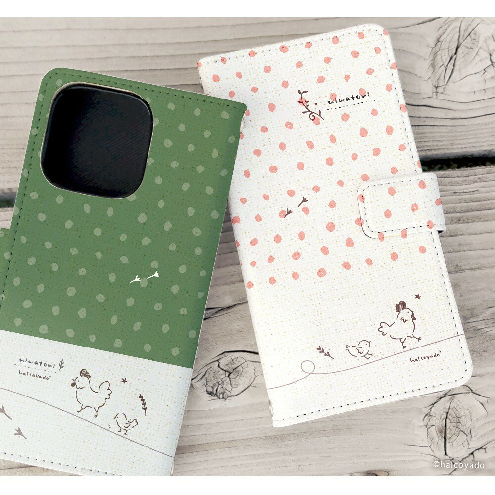 スマホケース arrows 5G F-51A 手帳型 ケース アロウズ5g カバー デザイン にわとり01(ドットとバイカラー) にわとり ひよこ 鳥 北欧 バイカラー ドット柄　くすみカラー 手書き風 イラスト