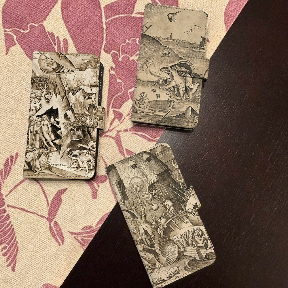 スマホケース AQUOS R5G SH-RM14 ケース 手帳型 アクオスr5g aquosr5g カバー デザイン 絵画 名画 作品 グッズ 芸術 ブリューゲル 版画 七つの大罪 大きな魚が小さな魚を食う 風刺 宗教画 農民画