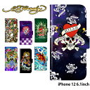 スマホケース iPhone12 手帳型 ケース iphone 12 6.1inch 6.1インチ スマホアイフォン12 デザイン エドハーディー Ed Hardy ストラップホルダー