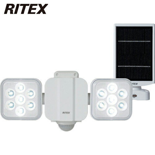 i納期や在庫状況をお問合せの際は下記の商品コードをお伝えください商品コードts_2514036特長照射角度も自由自在です。昼だけ点灯、夜だけ点灯、夜通し点灯と切り替え自由です。バッテリー切れ防止、自動省エネモードのソーラー式です。用途商品スペック仕様・規格幅(mm)：281奥行(mm)：124高さ(mm)：135光源色：白色使用電球(W)：5×2灯電源：ソーラー明るさ(lm)：900電源(V)：ソーラー保護等級：IP44明るさ：900lmソーラーパネルサイズ：幅86×奥行き50×高さ159mm重量：約210gコードの長さ：5m点灯時間：10秒（100％／50％／フラッシ）最大探知距離：8mセット内容／付属品取付ねじ×4本コンクリート用プラスチックプラグ×4本クランプ台×2個L型ボルト×2個蝶ナット×2個ねじキャップ×2個※画像は代表画像です。色・仕様は型番により異なります。RITEX 防犯用センサーライト を見るその他 防犯用センサーライト を見る関連キーワード：RITEX / ムサシ / 防犯用センサーライト / SC6200