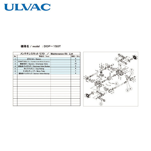 ULVAC(アルバック) 真空ポンプ用メンテナンスキッド DOP-150T用 (1式) 品番：DOP-150T MAINTENANCEKIT