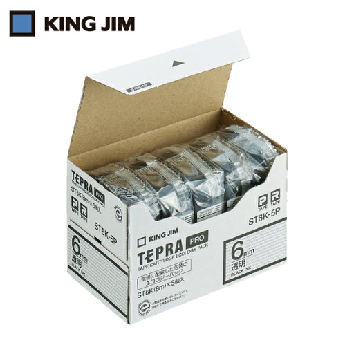 キングジム KING JIM テプラ PROテープ 6mm エコパック(5個入り)/透明ラベル/黒文字 長さ8m (1Pk) 品番:ST6K-5P キングジム KING JIM テプラ PROテープ 6mm エコパック(5個入り)/透明ラベル/黒文字 長さ8m (1Pk) 品番:ST6K-5P