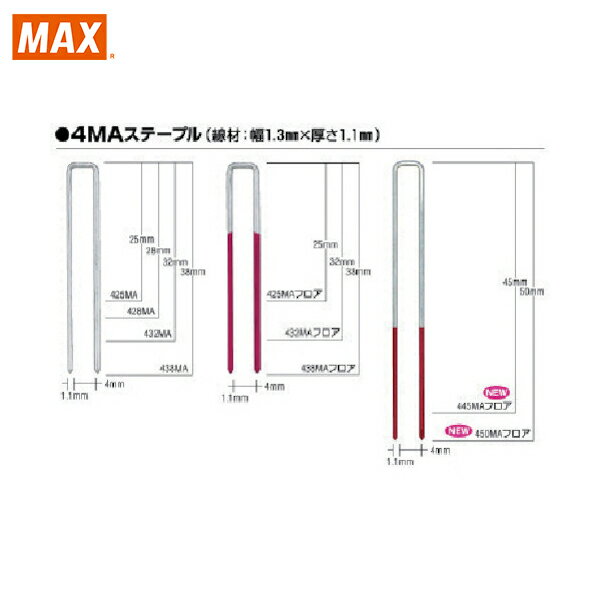 特長 ●タッカ用4MAステープルです。 仕様 ●肩幅(mm)：4 ●足長(mm)：25 ●線材幅(mm)：1.25 ●線材厚さ(mm)：1.05 材質／仕上 ●鉄 ●亜鉛メッキ処理 原産国（名称） ●日本 質量 ●1.4kg