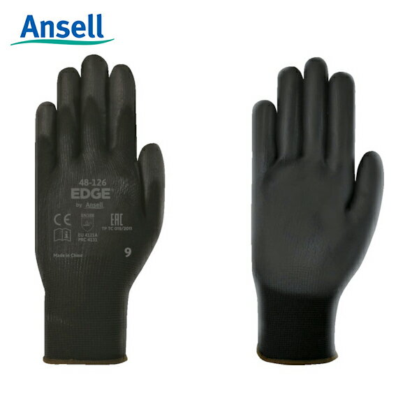 アンセル Ansell ウレタン背抜手袋 エッジ 48-126 ブラック Lサイズ (1双) 品番:48-126-9 作業用手袋 すべり止め ウレタン 背抜き ...