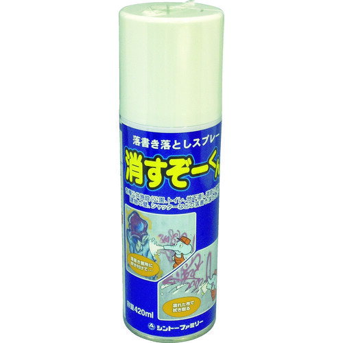 特長 ●浸透性がよく、短時間で落書きを浮き上がらせ、簡単に除去することができます。 ●塩素系の溶剤は使用しておりませんので安全です。 用途 ●各種公共施設（公園、トイレ、地下道、歩道橋）、道路の構造物、シャッターの落書き落とし。 仕様 ●色：透明 ●容量(ml)：420 ●標準使用量：3.5〜4.0［［M2］］ 材質／仕上 ●主成分:グリコール系溶剤 注意 ●室内での作業時は換気に注意してください。 原産国（名称） ●日本 質量 ●430g