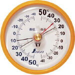 ●各種温度管理に便利です。 ●使用時間内の最高・最低温度と現在温度を測る温度計 ●直径×厚み:106×43mm ●精度:±2℃ ●測定温度範囲(℃):-40〜50 ●温度最小表示(℃):2 ●精度:±2℃ ●質量(g):80 ●本体：PS樹脂 ●目盛板：鉄