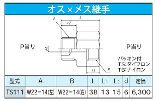 高圧ガス容器口金用変換継手TS111(TS-111)ステンレス製変換継手W22-14右をW22-14左ねじに変換(ヤマト産業株式会社)