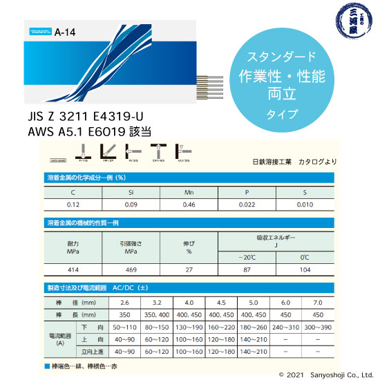 日鉄 溶接工業　アーク溶接棒 　A-14 ( A14 )　φ 4.0mm 400mm 小箱 5kg 2