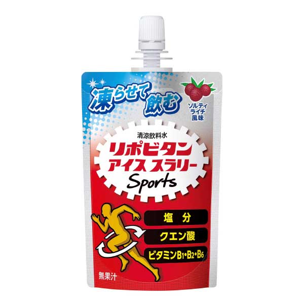 【特長】 ●凍らせて飲むアイススラリーのリポビタンです。 ●リポビタンアイススラリー Sports ソルティライチ風味は、凍らせて水分中に分散した微細な氷をそのまま飲める清涼飲料水です。 ●エネルギーの源クエン酸とビタミンB1・B2・B6に加え、運動時に汗で失われやすい塩分を摂取し、熱中症対策にも適しています。 ●おいしいソルティライチ風味(無果汁)です。 【用途】 ●塩分補給で運動時の熱中症対策に 【仕様】 ●原材料：砂糖(国内製造)、食塩、澱粉分解物、食塩 ●内容量(g)：120(30袋)/箱 ●添加物：トレハロース、グリシン、グリセリン、増粘多糖類、酸味料、香料、塩化K、乳酸Ca、カラメル色素、●ナイアシン、硫酸Mg、V.B1、V.B6、V.B2 ●原産国：日本/大正製薬(株)製