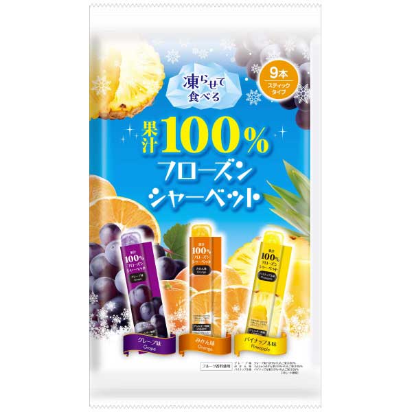 【特長】 ●凍らせて食べるハンディシャーベット暑い日に凍らせて手軽にシャリっとお召し上がりいただけるスティックタイプのシャーベットです 【用途】 ●塩分補給で運動時の熱中症対策に 【仕様】 ●原材料：濃縮リンゴ果汁(中国製造)、異性化液糖、濃縮グレープ果汁、濃縮パイナップル果汁、濃縮うんしゅうみかん果汁/ゲル化剤(増粘多糖類)、酸味料、香料(オレンジ由来)、着色料(カロテン、紅花黄、アントシアニン)、甘味料(スクラロース) ●9本×16袋入/箱