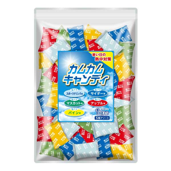【特長】 ●紙パッケージのアメノミクスECOから袋タイプにリニューアル！ ●飴のみ5種類のアソートになり、飽きずにお召し上がり頂けます 【用途】 ●暑い日の熱中対策に 【仕様】 ●内容量(g)：1000(個包装込み) ●味：スポーツドリンク・サイダー・アップル・マスカット・パイン ●内容品：約280粒(5種アソート) 【注意事項】 ●ソフトキャンディではございません