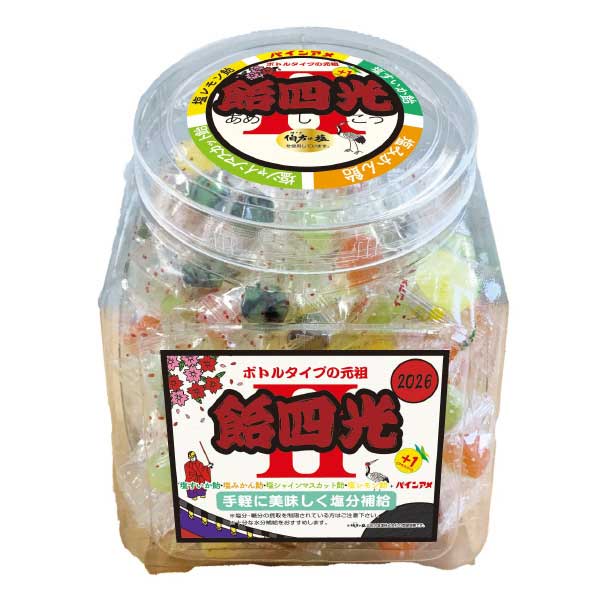 【特長】 ●おいしい飴で熱中症対策 ●伯方の塩を使用して、さらにおいしくなりました ●お気軽に塩分補給と疲労回復ができるキャンディです 【用途】 ●暑い日の熱中対策に 【仕様】 ●内容量(g)：530(個包装紙込み) ●味：塩シャインマスカット・塩ミカン・塩レモン・塩すいか・パインアメ ●内容品：約220個入