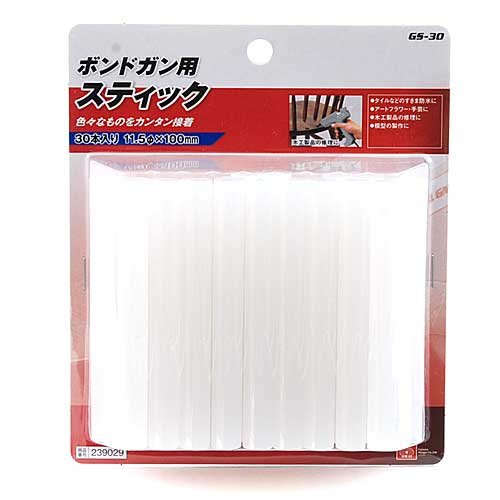 【特長】 ●ボンドガン用の替えスティックです ●木工製品の修理、靴の修理、リース作り、アートフラワー・手芸等に最適です 【用途】 ●木材・紙・布・皮革・プラスチック等の接着、充填 【仕様】 ●サイズ：径11.5mmx100mm ●30本入 ●カラー：クリア ●適合機種：GM-150 【注意事項】 ※接着用、充填用以外には使用しないでください。 ※接着面の油、汚れ、サビなどは、予めきれいに取り除いてください。 【納期】 メーカーに在庫があれば、納期約3〜4日(営業日)で出荷いたします。 画像clickで各商品販売ページに進みます ボンドガン用スティック GS-25L GS-100L GS-12 GS-30