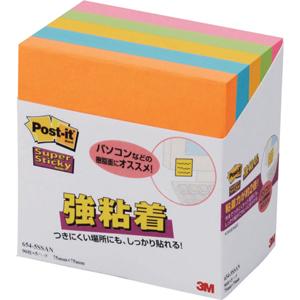 【特長】 ●約2倍の粘着力（3M通常粘着比）で、パソコンや電話、キャビネットなどの樹脂面や垂直面など、つきにくかった場所にもしっかり貼れてはがれにくい製品です。 ●粘着力が通常の約2倍（3M社通常粘着製品比）で、目にとまりやすいネオンカラーです。 【仕様】 ●色：オレンジ・エレクトリックブルー・ウルトライエロー・ライム・ローズ ●縦(mm)：75 ●横(mm)：75 ●パック入数：90枚×5冊 ●質量:209g 【材質／仕上げ】 ●本体：古紙パルプ配合率100%の再生紙 ●粘着剤：アクリル系 【注意事項】 ※強粘着タイプですので、紙の種類によっては剥がすときに表面を破損する恐れがあります。 ※製品・技術に関するご相談は、3M カスタマーコールセンター　電話0120-510-333　へお問い合わせください。 【納期】メーカーに在庫があれば、納期約3〜4日(営業日)で出荷いたします。 ※品番clickでページ移動します 品番 　色 　縦×横(mm) 654SS-RPY 　　イエロー 　　75×75 　　 654SS-NB 　　ネプチューンブルー 　　 654SS-Y 　ウルトライエロー 　 　 654SS-B 　エレクトリックブルー 　 　 654SS-AG 　アップルグリーン 　 　 654SS-LI 　ライム 　 　 654SS-RO 　ローズ 　 　 654SS-RPP 　ピンク 　 　 654-5SSAP(5パック) 　4色混色 　 　 654-5SSAN(5パック) 　5色混色 　 　 6541SS-RPY(10パック) 　イエロー 　 　 6541SS-RPYP(10パック) 　イエロー・ピンク 　 6541SS-K(10パック) 　4色混色 　 　 6541SS-Y(10パック) 　ウルトライエロー 　 　 6541SS-NE(10パック) 　5色混色 　 6542SS-K(20パック) 　4色混色 　　 6542SS-NE(20パック) 　5色混色 　