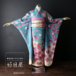 【レンタル】【成人式用】 振袖 フルセット 正絹 適応身長157-172cm 青 bl-003-s通販