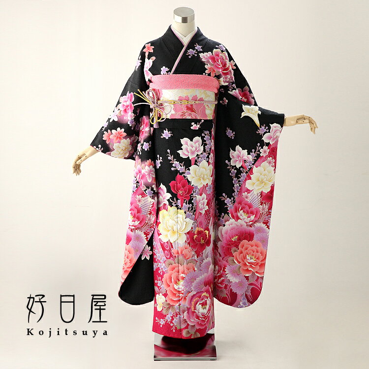 【レンタル】【成人式用】 振袖 フルセット 正絹 適応身長156-171cm 黒 bk-004-s