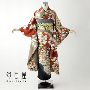 【レンタル】 振袖 フルセット 正絹 適応身長150-165cm 茶 br-003ネット通販