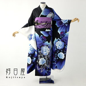 【レンタル】【成人式用】 振袖 フルセット 正絹 適応身長155-170cm 黒 bk-045-s通販セール