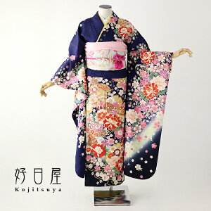 【レンタル】 振袖 フルセット 正絹 適応身長159-174cm 青 bl-021ネット予約
