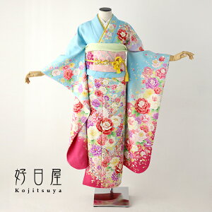 【レンタル】 振袖 フルセット 正絹 適応身長147-162cm 青 bl-024安売り