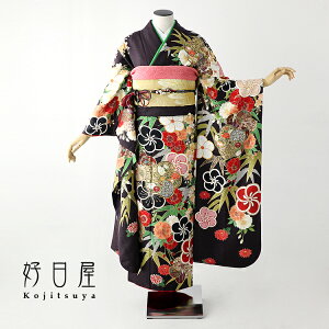 【レンタル】 振袖 フルセット 正絹 適応身長159-174cm 茶 br-009バーゲン