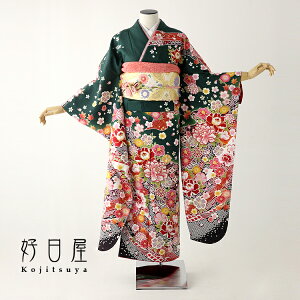 【レンタル】 振袖 フルセット 正絹 適応身長157-172cm 緑 gr-018通販
