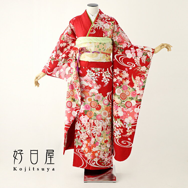 【レンタル】 振袖 フルセット 正絹 適応身長157~172cm 赤 re-053