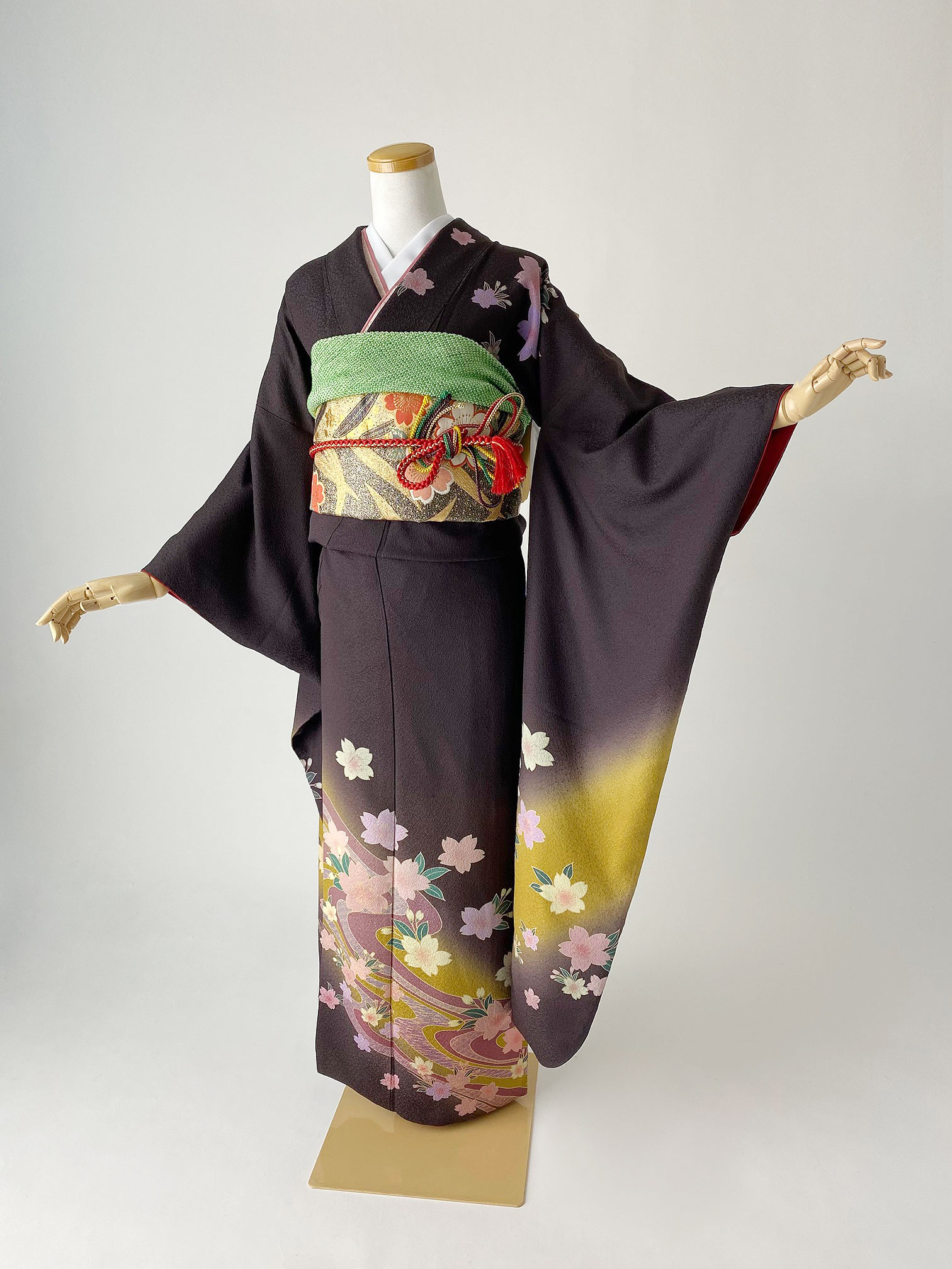 【レンタル】 振袖 フルセット 正絹 適応身長151~166cm 茶 br-017