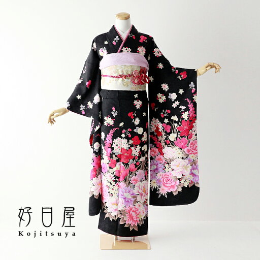 【レンタル】【成人式用】 振袖 フルセット 正絹 適応身長152-167cm 黒 bk-052-s 【レンタル】【成人式用】 振袖 フルセット 正絹 適応身長152-167cm 黒 bk-052-s
