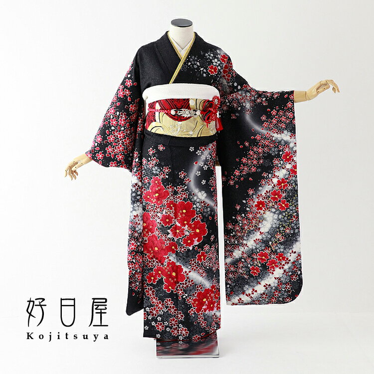 【レンタル】【成人式用】 振袖 フルセット 正絹 適応身長152-167cm 黒 bk-055-s