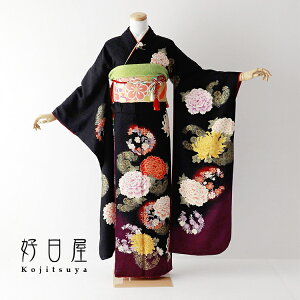 【レンタル】 振袖 フルセット 正絹 適応身長157-172cm 黒 bk-068通販セール