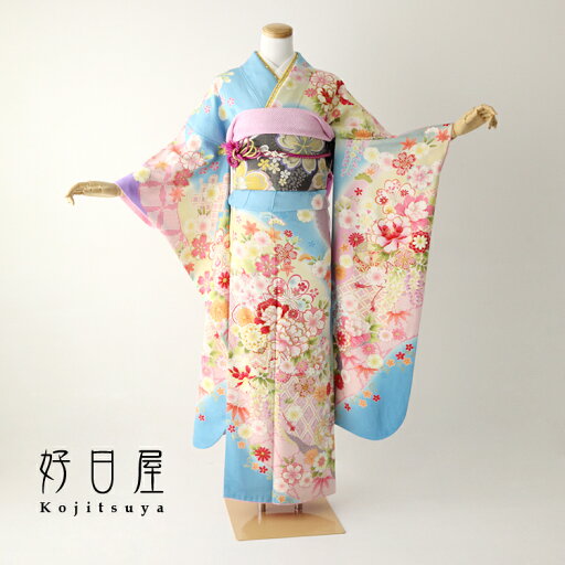 【レンタル】 振袖 フルセット 正絹 適応身長148~163cm 青 bl-031 【レンタル】 振袖 フルセット 正絹 適応身長148~163cm 青 bl-031