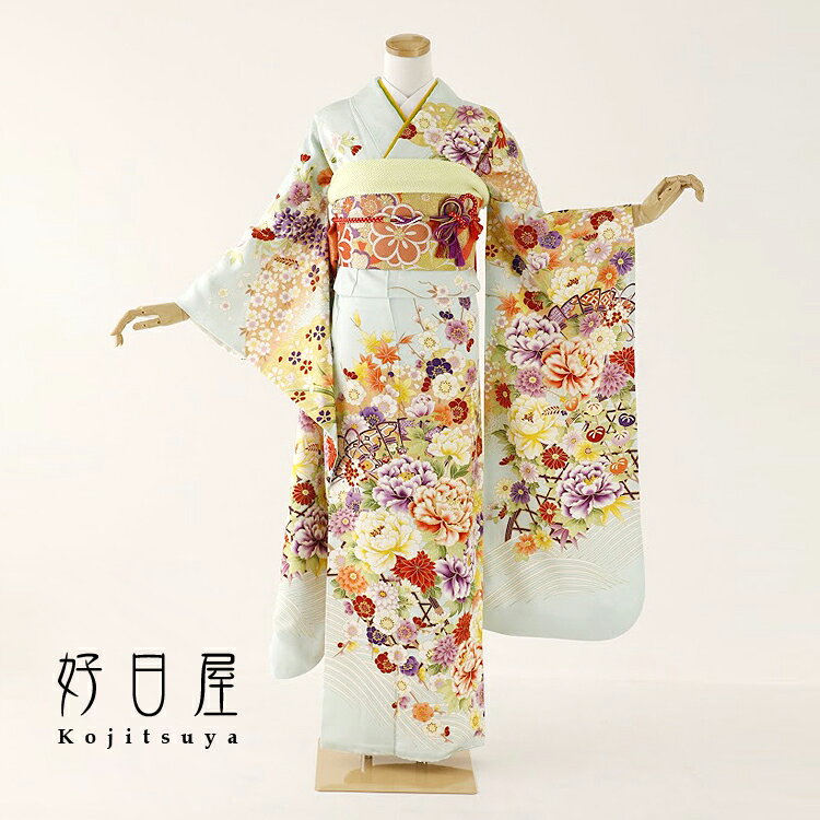 【レンタル】【成人式用】 振袖 フルセット 正絹 適応身長159-174cm 青 bl-034-s