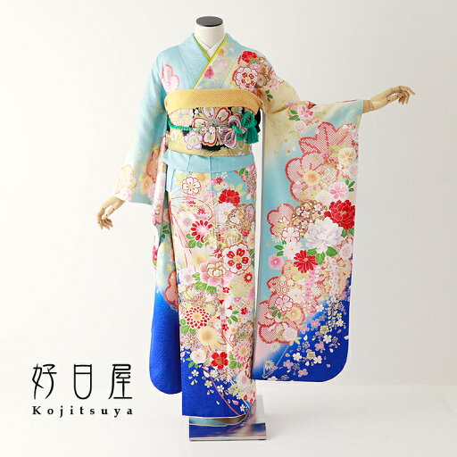 【レンタル】 振袖 フルセット 正絹 適応身長152~167cm 青 bl-042 【レンタル】 振袖 フルセット 正絹 適応身長152~167cm 青 bl-042