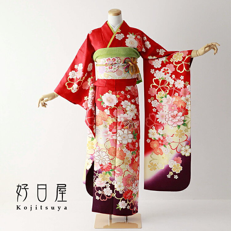 【レンタル】【成人式用】 振袖 フルセット 正絹 適応身長148-163cm 赤 re-067-sのサムネイル
