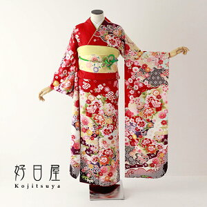 【レンタル】【成人式用】 振袖 フルセット 正絹 適応身長152-167cm 赤 re-074-s通販