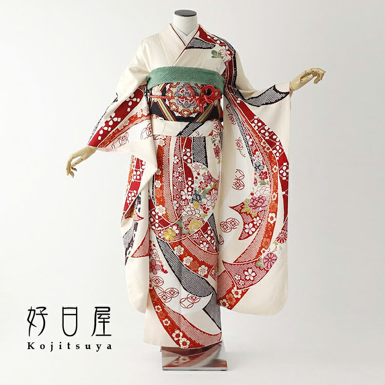 【レンタル】【成人式用】 振袖 フルセット 正絹 適応身長153-168cm 白 wh-051-s