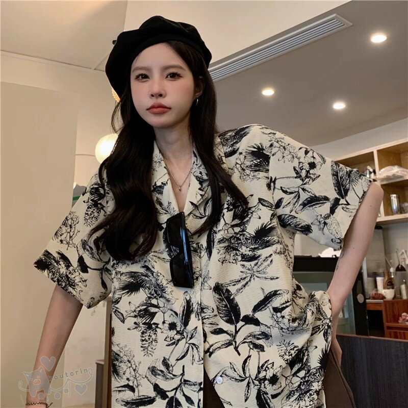 Rakuten - シャツ アロハシャツ レディース 夏 シャツ ブラウス シフォンシャツ 羽織り 半袖 葉柄 ゆったり 薄手 ダンス 衣装 ヒップホップ コスチューム 開襟 浜辺 韓国ファッション 個性的 服 原宿系 送料無料