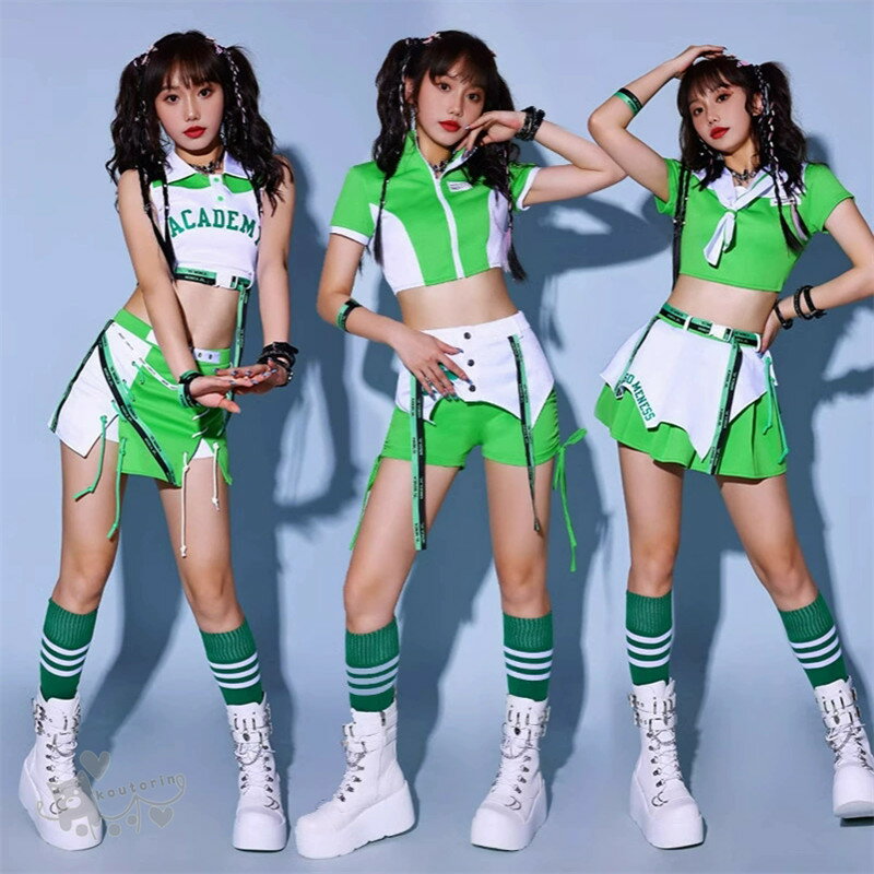 緑 ダンス衣装 セットアップ レディース グリーン k-pop 衣装 へそ出し リンクコーデ カッコイイ 短パンツ スカート ズボン 韓国 ジャズダンス 大人 セクシー ダンス 衣装 jazz ステージ衣装 ヒップホップ 団体 ダンスウェア 演出服 セット演出服 練習着 送料無料