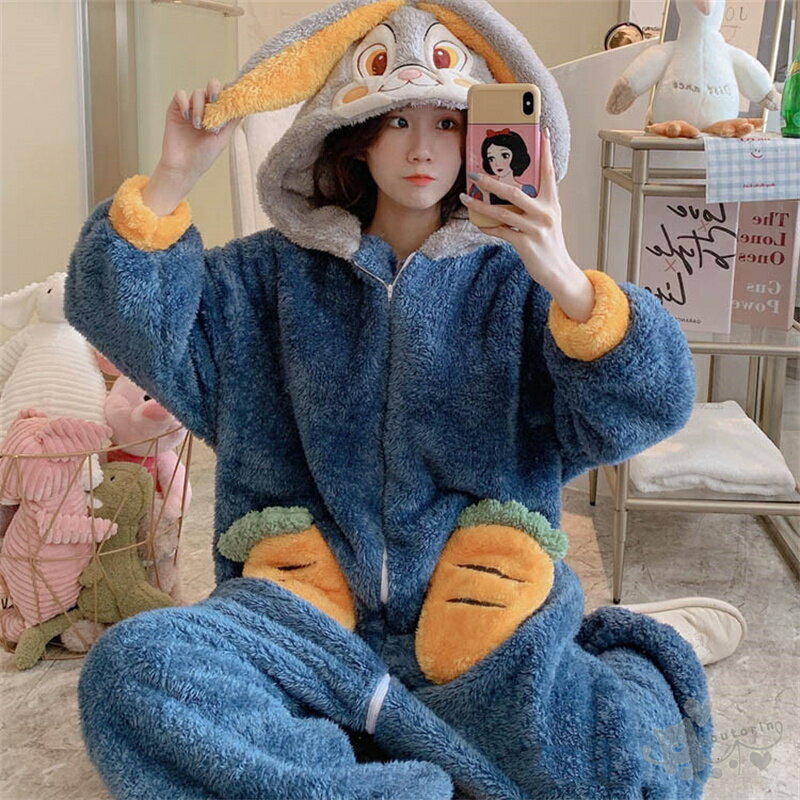 Rakuten - パジャマ 大人用 着ぐるみ うさぎ耳 可愛い もこもこ パジャマ ルームウェア 着る毛布 動物 オールインワン 冬物 レディース 修学旅行 中学生 女子 高校生 部屋着 前開き フード付き 暖かい 韓国 防寒 寝巻き 長袖 学園祭 女子会 秋 クリスマス プレゼント 送料無料