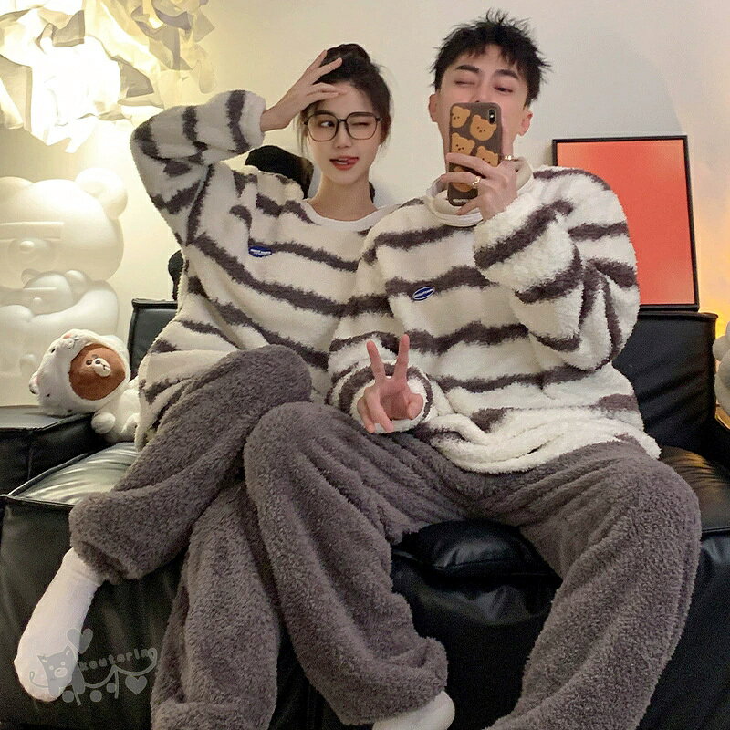 Rakuten - ペアパジャマ ボーダー柄 大人用 もこもこ レディース メンズ ルームウェア ペアパジャマ かわいい オールインワン 部屋着 上下 セット 修学旅行 中学生 高校生 部屋着 暖かい 韓国 夫婦 結婚祝い プレゼント 秋 冬 防寒 送料無料