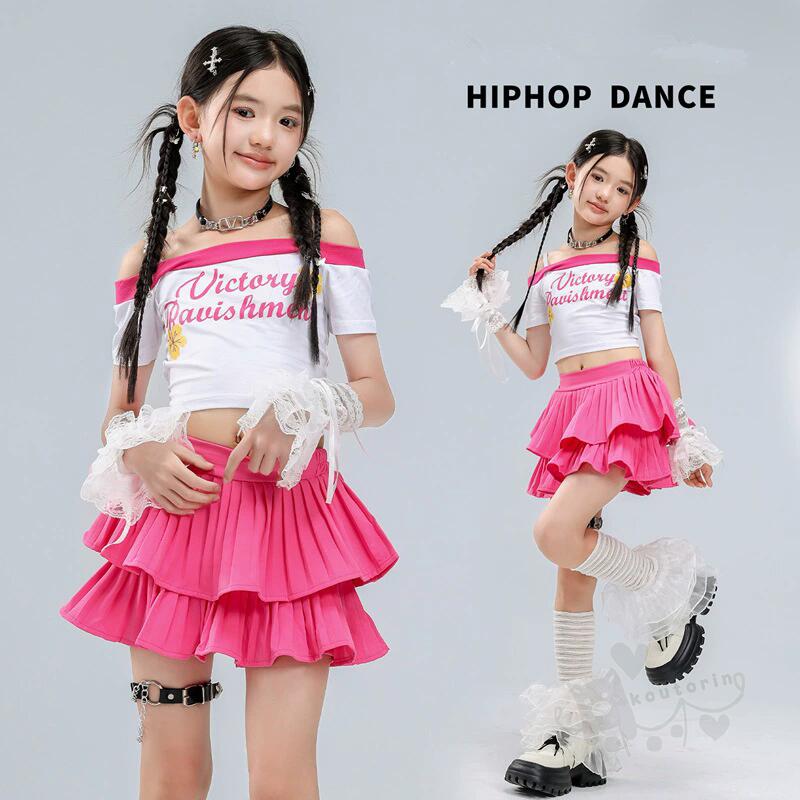 キッズダンス衣装 ヒップホップ ホワイト ピング ツティアードスカート トップス ホワイト セット 女の子 ヒップホップ 派手 K-POP 韓国 ステージ衣装 応援団 体操服 発表会 hiphop 演出服 110-180cm 送料無料 2