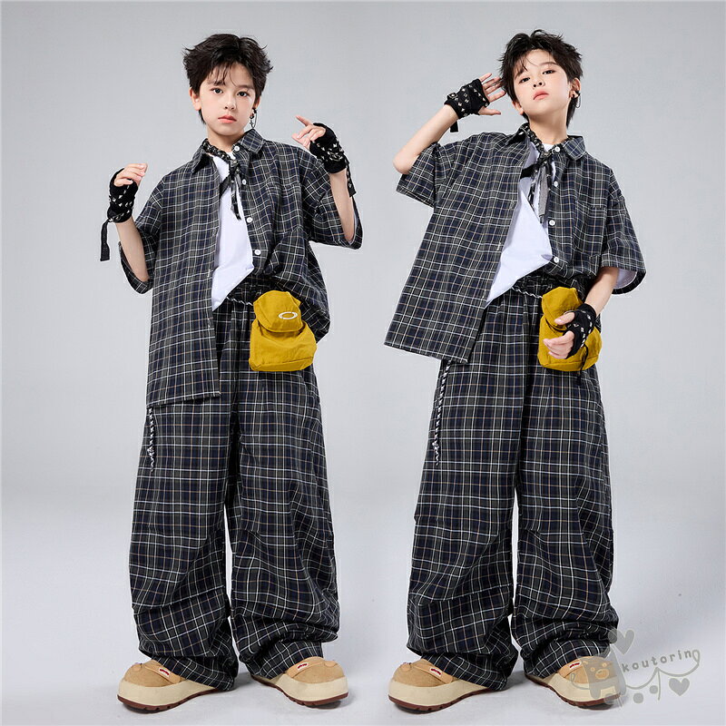 koutorinのK-POP衣装 キッズ ダンス衣装 チェック柄シャツ ロングパンツ セットアップ ヒップホップ 衣装 子供ダンス服 ダンスウェア ダンス衣装 キッズ 男の子 ガールズ 白Tシャツ 韓国ファション ブラック 練習着 発表会 演出服 団体服 個性派 舞台服 120-180cm 送料無料｜アングル2