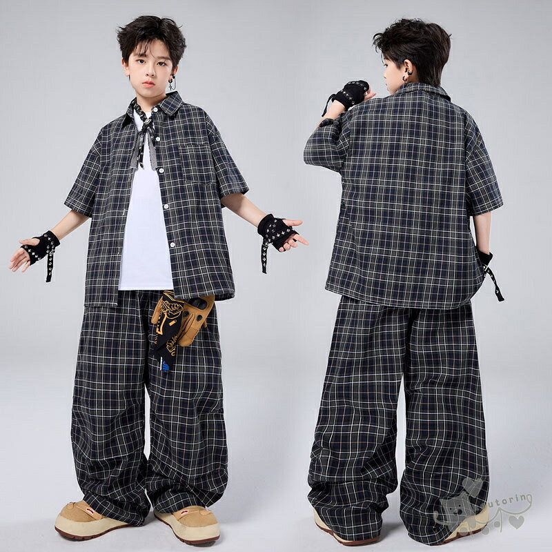 koutorinのK-POP衣装 キッズ ダンス衣装 チェック柄シャツ ロングパンツ セットアップ ヒップホップ 衣装 子供ダンス服 ダンスウェア ダンス衣装 キッズ 男の子 ガールズ 白Tシャツ 韓国ファション ブラック 練習着 発表会 演出服 団体服 個性派 舞台服 120-180cm 送料無料｜アングル3